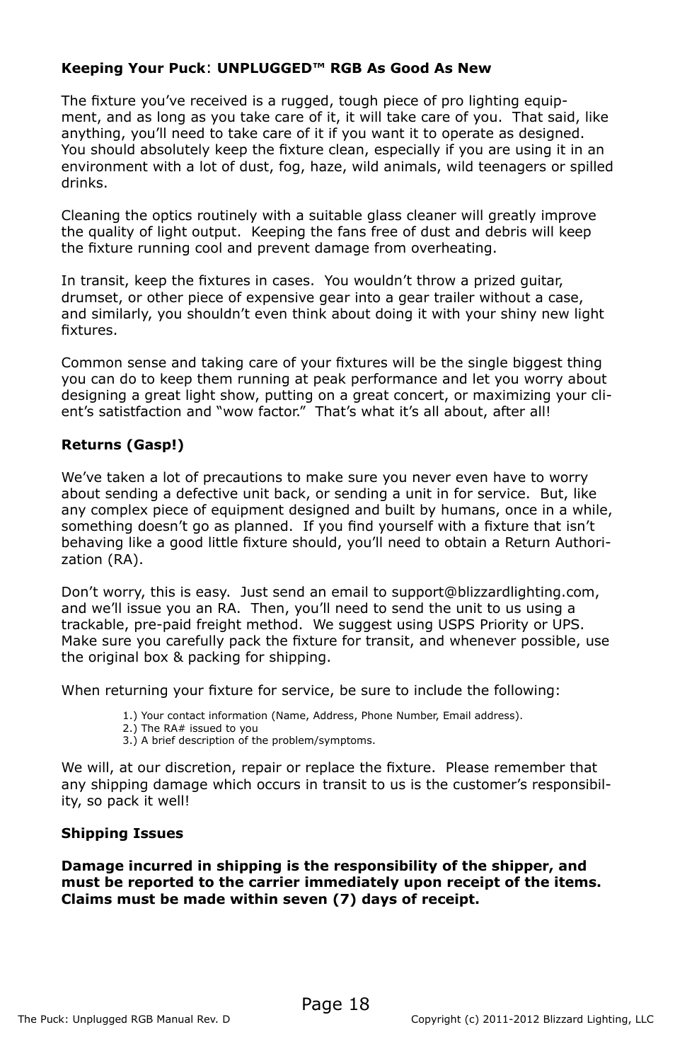 Page 18 | Blizzard Lighting RGB The Puck Unplugged (Rev D) User Manual | Page 18 / 20