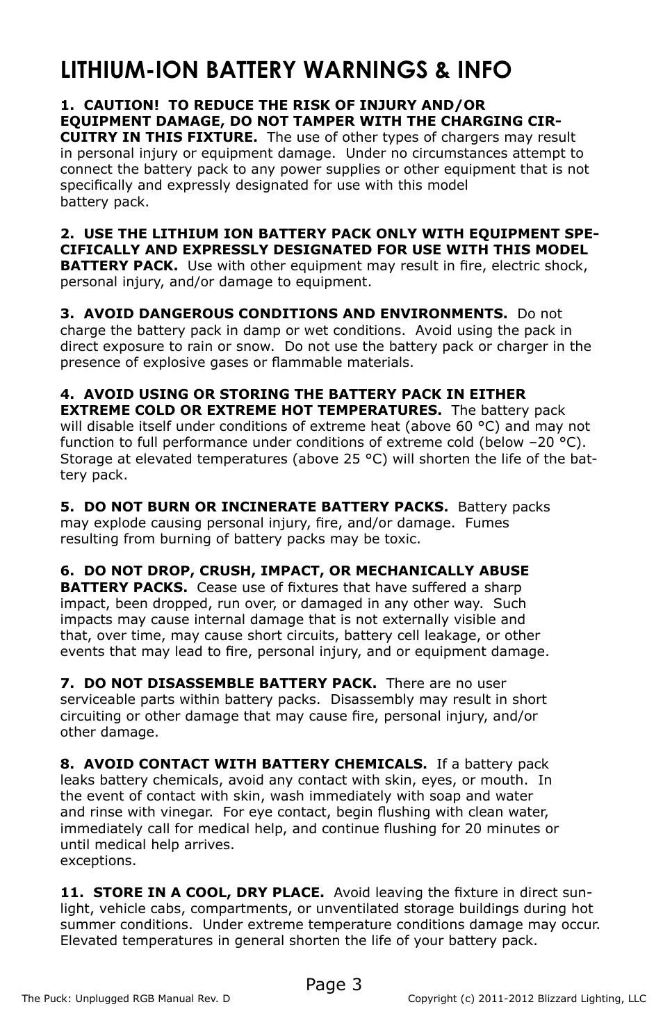 Lithium-ion battery warnings & info, Page 3 | Blizzard Lighting RGB The Puck Unplugged (Rev D) User Manual | Page 3 / 20