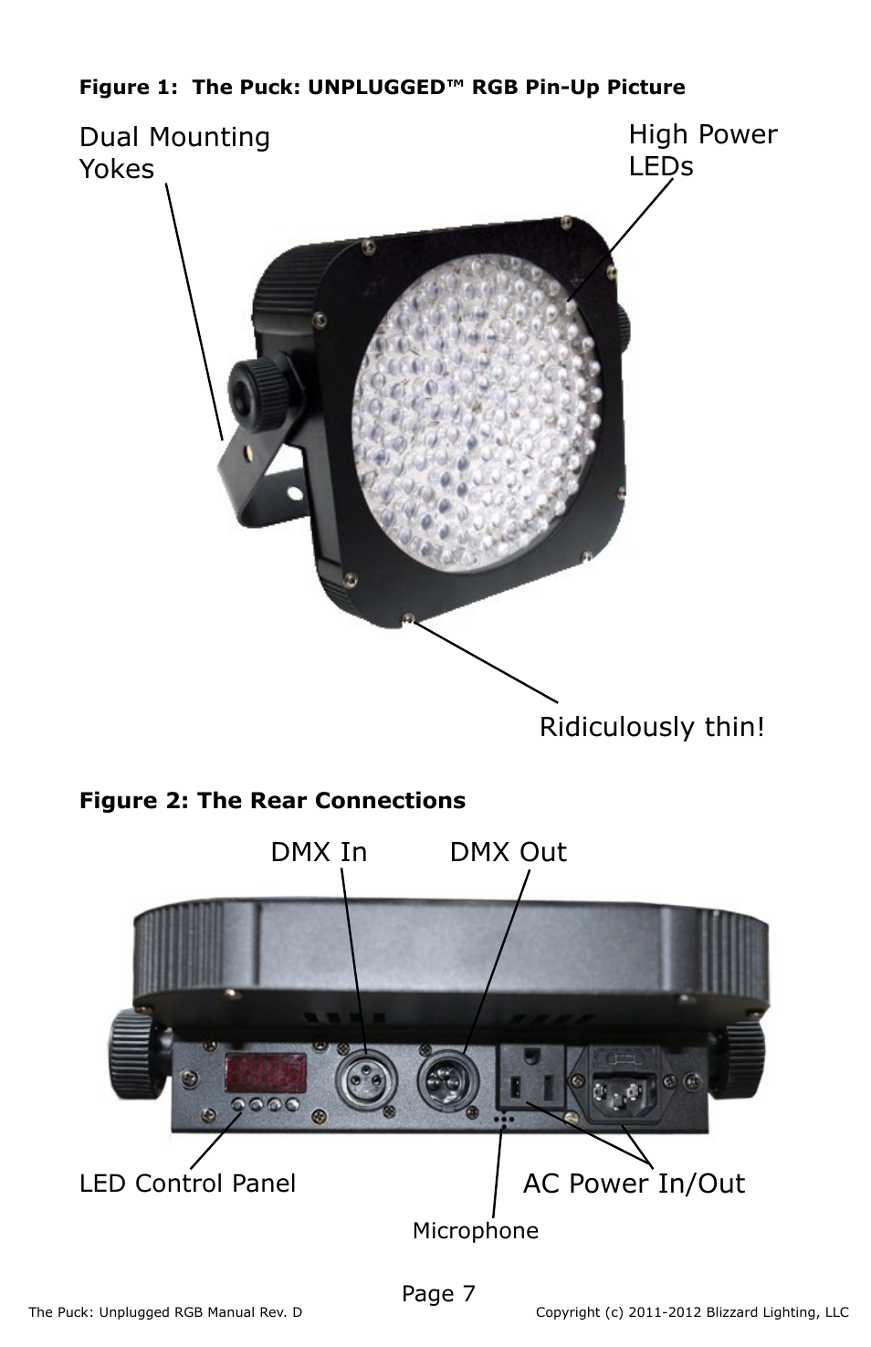Ac power in/out dmx in dmx out | Blizzard Lighting RGB The Puck Unplugged (Rev D) User Manual | Page 7 / 20