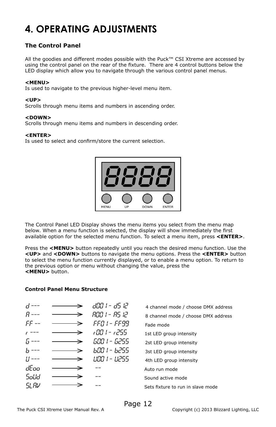 Operating adjustments, Page 12, Ff -- ff01 - ff99 | Deoo, Soud, Slav | Blizzard Lighting CSI Xtreme The Puck (Rev A) User Manual | Page 12 / 16