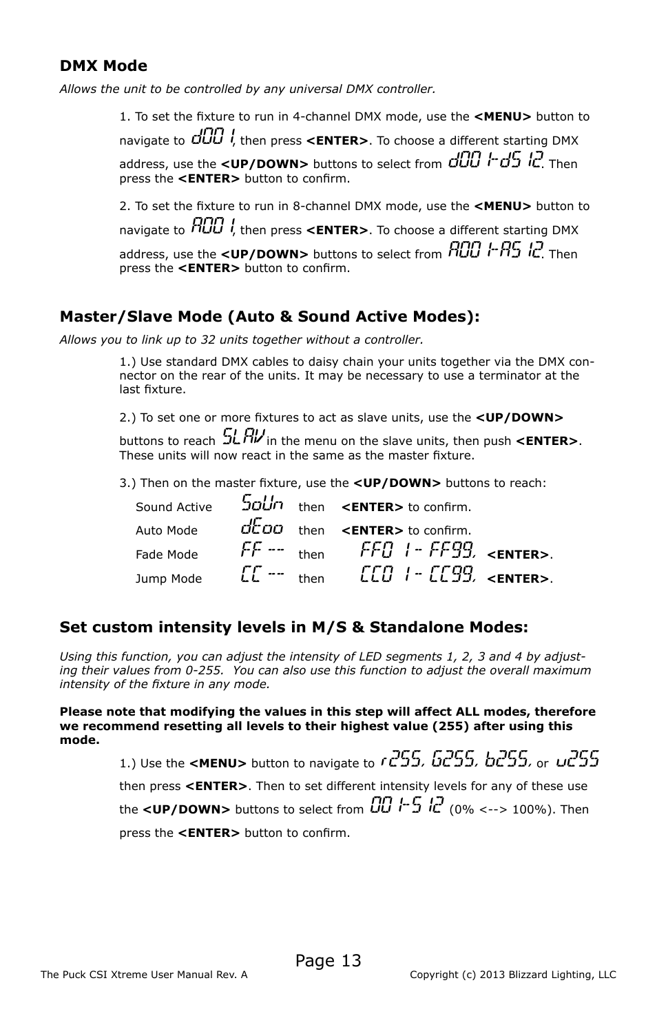 D001, A001, Slav | Soun, Deoo, Ff0 1 - ff99, Cc0 1 - cc99, U255, Page 13 | Blizzard Lighting CSI Xtreme The Puck (Rev A) User Manual | Page 13 / 16