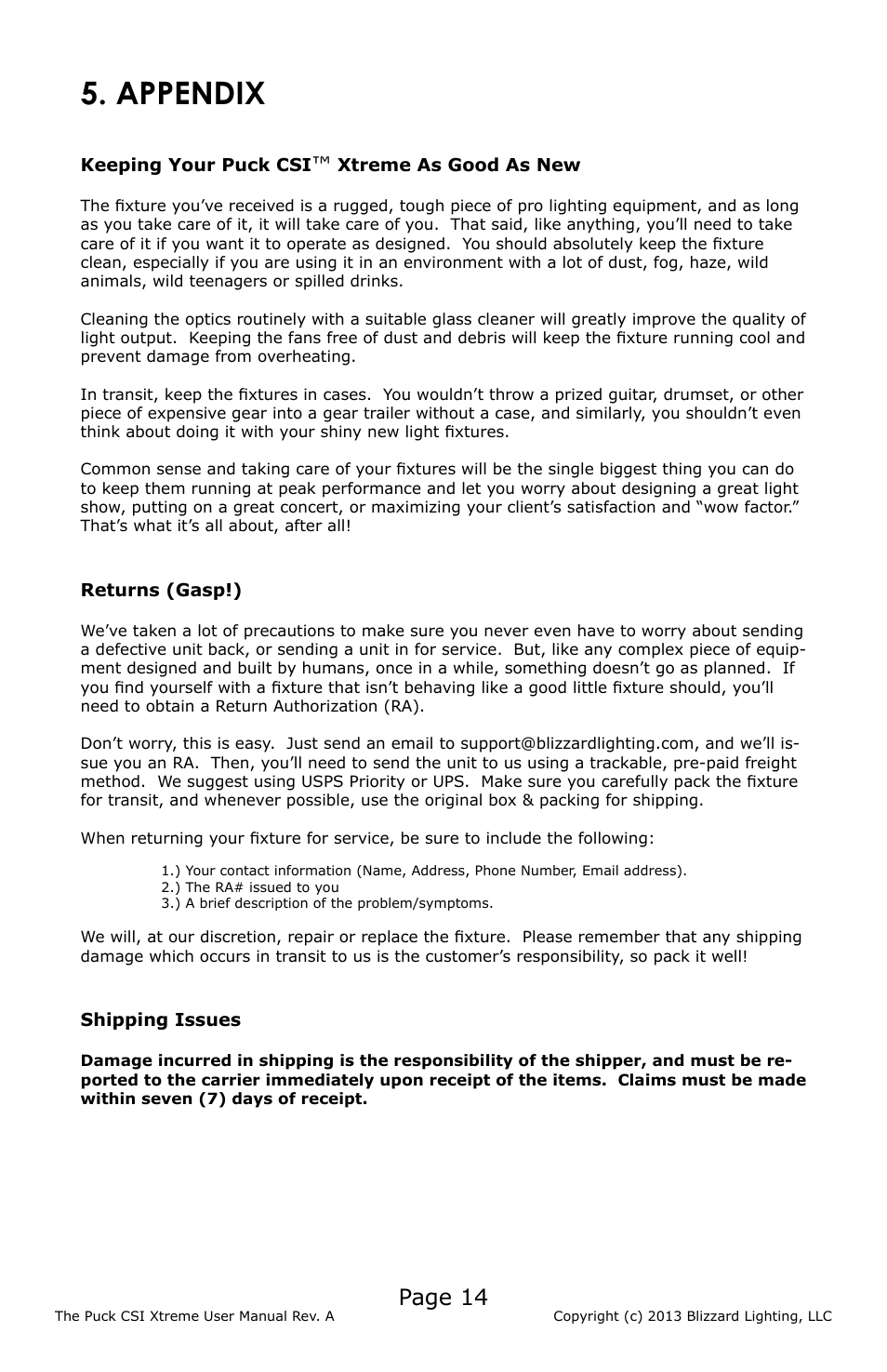Appendix, Page 14 | Blizzard Lighting CSI Xtreme The Puck (Rev A) User Manual | Page 14 / 16