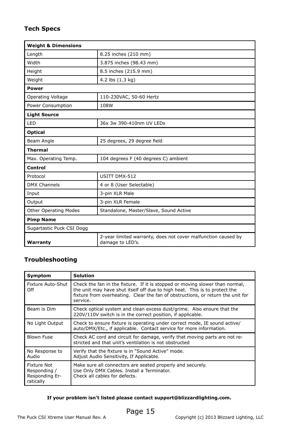 Page 15, Tech specs, Troubleshooting | Blizzard Lighting CSI Xtreme The Puck (Rev A) User Manual | Page 15 / 16