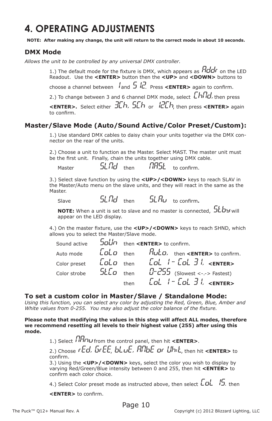 Operating adjustments, Addr, Chnd | 3ch, 5ch, 12ch, Slnd, Nast, Slau, Stby, Soun | Blizzard Lighting Q12+ The Puck User Manual | Page 10 / 16