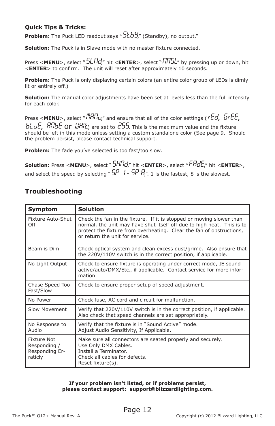 Stby, Slnd, Nast | Manu, Red , gree, blue , anbe or whit, Shnd, Fade, Sp 1, Sp 8, Page 12 | Blizzard Lighting Q12+ The Puck User Manual | Page 12 / 16