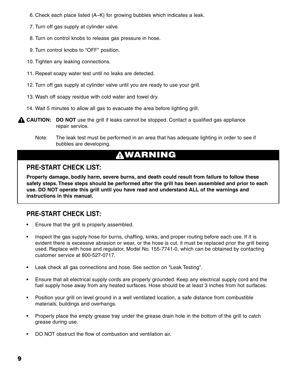 Warning, Pre-start check list | Brinkmann ProSeries 7751 User Manual | Page 10 / 56