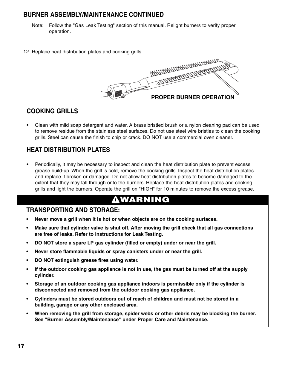 Warning, Transporting and storage, Cooking grills | Heat distribution plates, Burner assembly/maintenance continued | Brinkmann ProSeries 7751 User Manual | Page 18 / 56