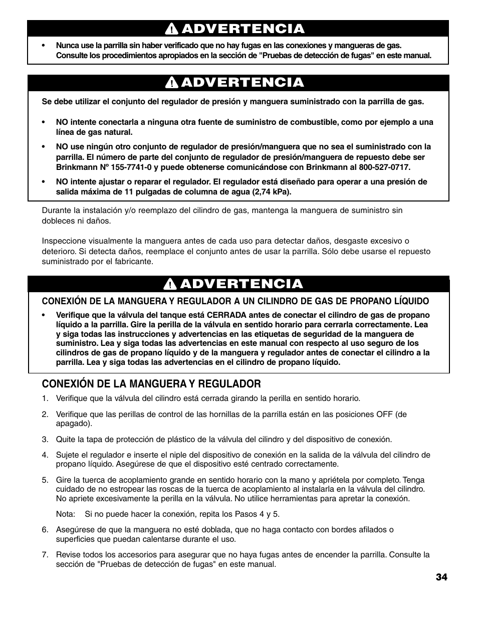 Advertencia, Conexión de la manguera y regulador | Brinkmann ProSeries 7751 User Manual | Page 35 / 56