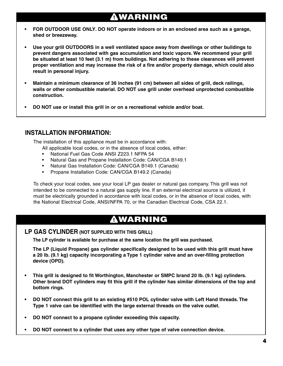 Warning, Lp gas cylinder, Installation information | Brinkmann ProSeries 7751 User Manual | Page 5 / 56