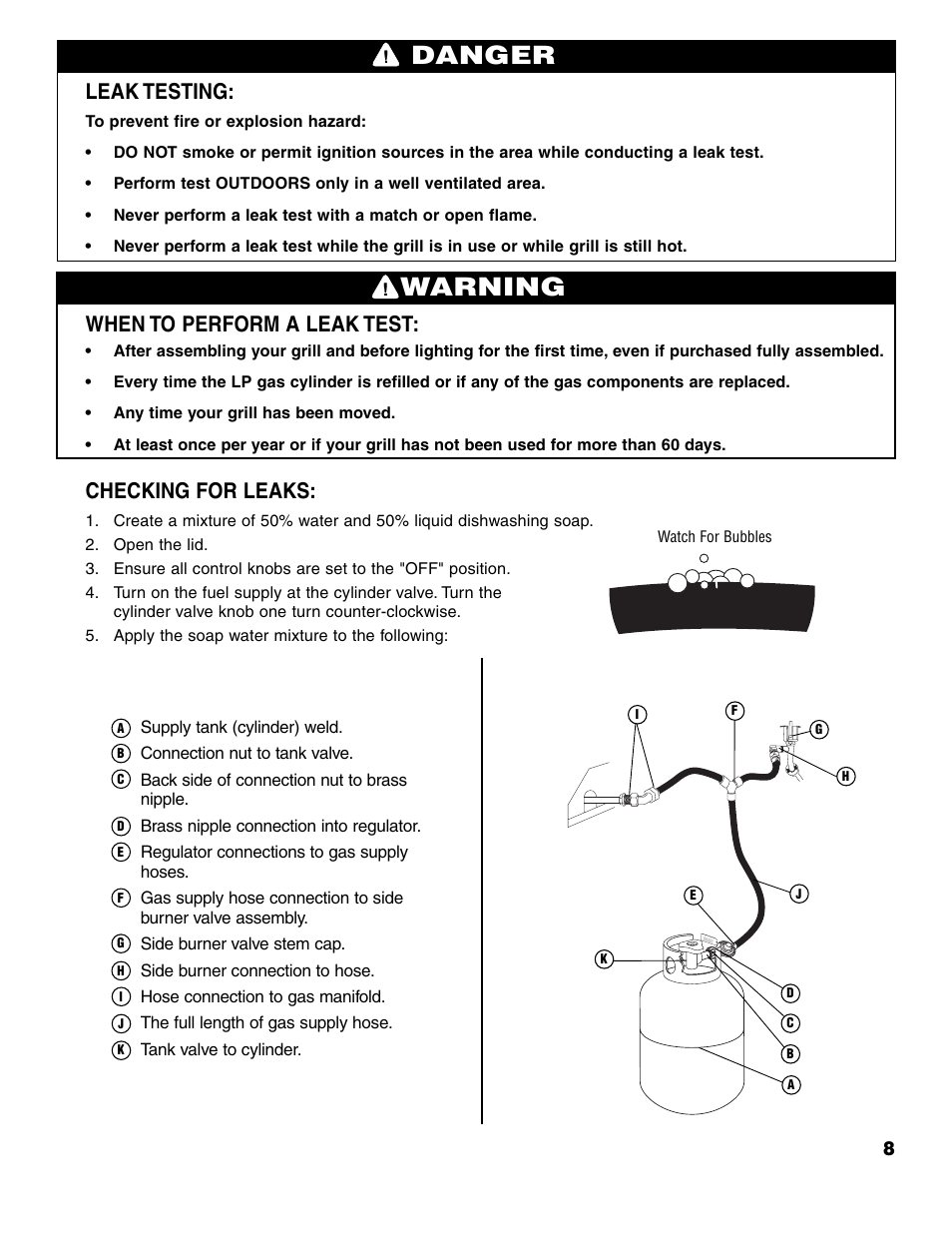 Warning, Danger, Leak testing | When to perform a leak test, Checking for leaks | Brinkmann ProSeries 7751 User Manual | Page 9 / 56