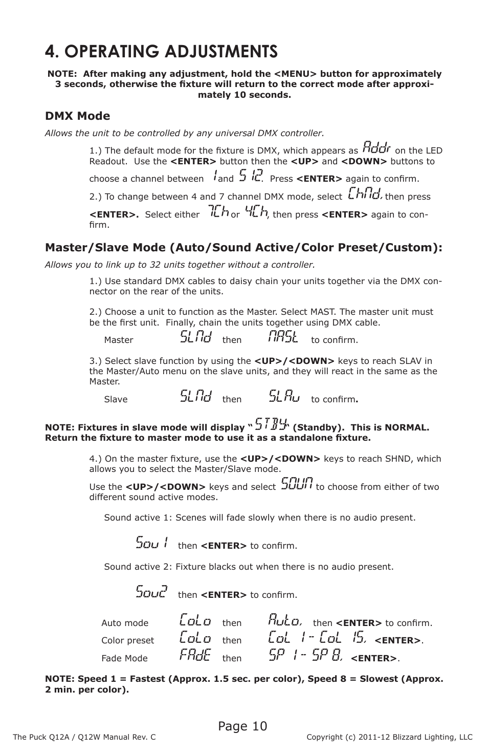 Operating adjustments, Addr, Chnd | Slnd, Nast, Slau, Stby, Soun, Sou1, Sou2 | Blizzard Lighting Q12A The Puck (Rev C) User Manual | Page 10 / 16