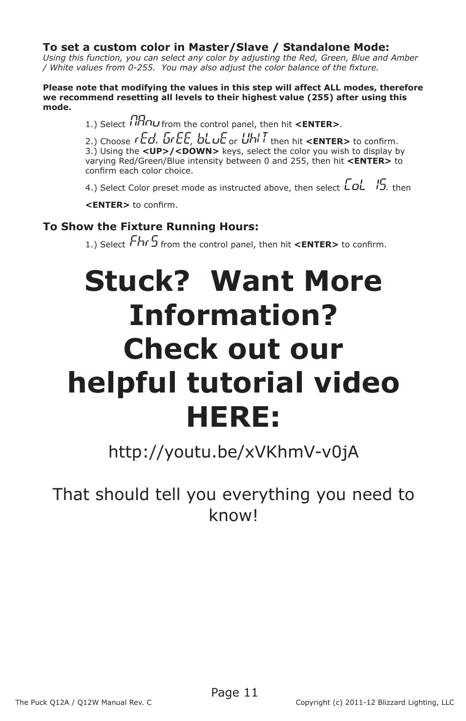 Nanu, Red, gree, Blue | Uhit, Col 15, Fhrs | Blizzard Lighting Q12A The Puck (Rev C) User Manual | Page 11 / 16