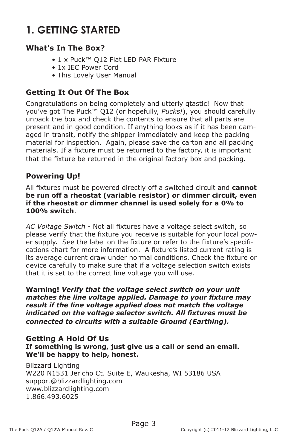 Getting started | Blizzard Lighting Q12A The Puck (Rev C) User Manual | Page 3 / 16