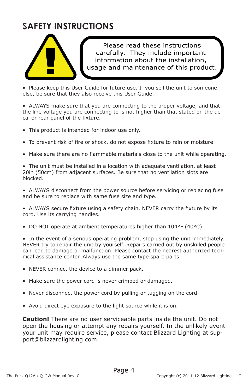 Safety instructions, Page 4 | Blizzard Lighting Q12A The Puck (Rev C) User Manual | Page 4 / 16