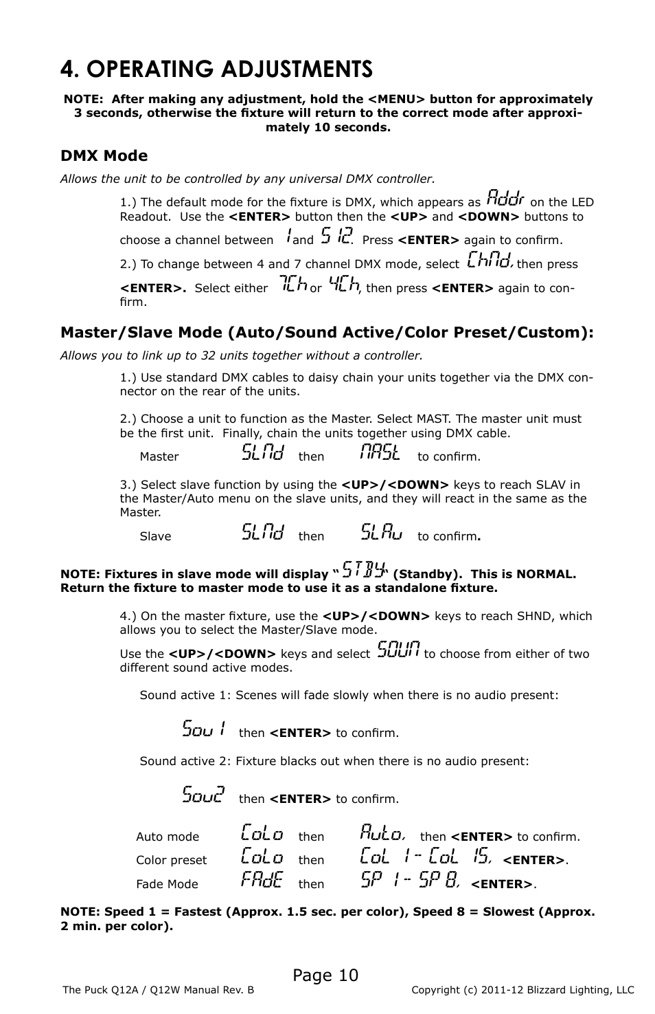 Operating adjustments, Addr, Chnd | Slnd, Nast, Slau, Stby, Soun, Sou1, Sou2 | Blizzard Lighting Q12A The Puck (Rev D) User Manual | Page 10 / 16