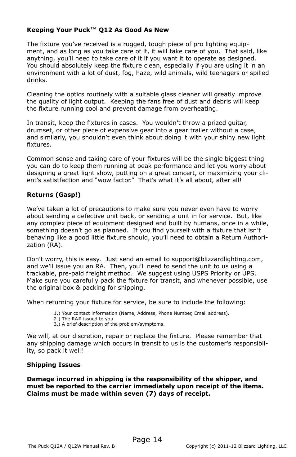 Page 14 | Blizzard Lighting Q12A The Puck (Rev D) User Manual | Page 14 / 16