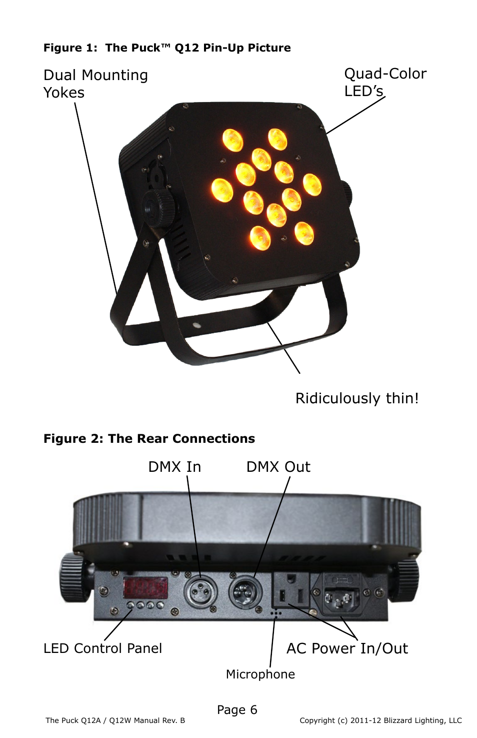 Ac power in/out dmx in dmx out | Blizzard Lighting Q12A The Puck (Rev D) User Manual | Page 6 / 16