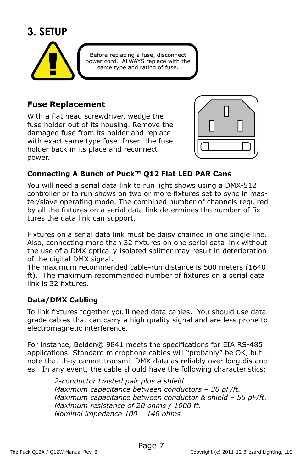 Setup, Page 7, Fuse replacement | Blizzard Lighting Q12A The Puck (Rev D) User Manual | Page 7 / 16