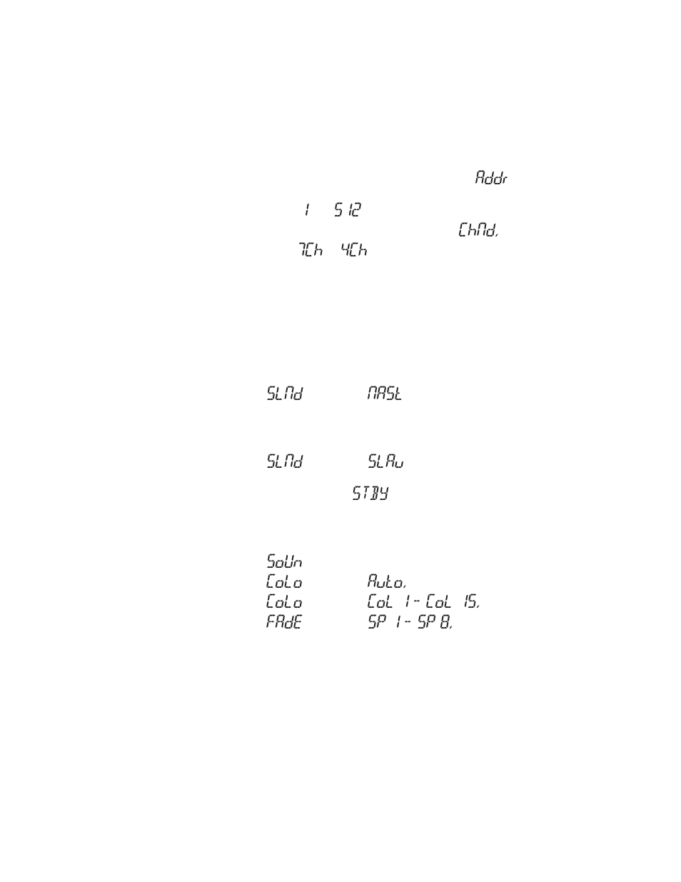 Operating adjustments, Addr, Chnd | Slnd, Nast, Slau, Stby, Soun, Colo, Auto | Blizzard Lighting Q6A The Puck (Rev B) User Manual | Page 10 / 16