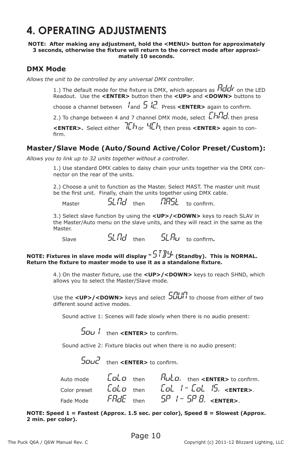 Operating adjustments, Addr, Chnd | Slnd, Nast, Slau, Stby, Soun, Sou1, Sou2 | Blizzard Lighting Q6A The Puck (Rev C) User Manual | Page 10 / 16