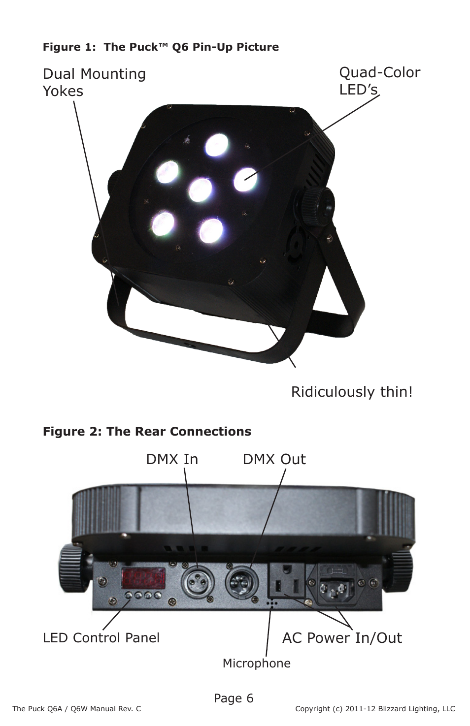 Ac power in/out dmx in dmx out | Blizzard Lighting Q6A The Puck (Rev C) User Manual | Page 6 / 16