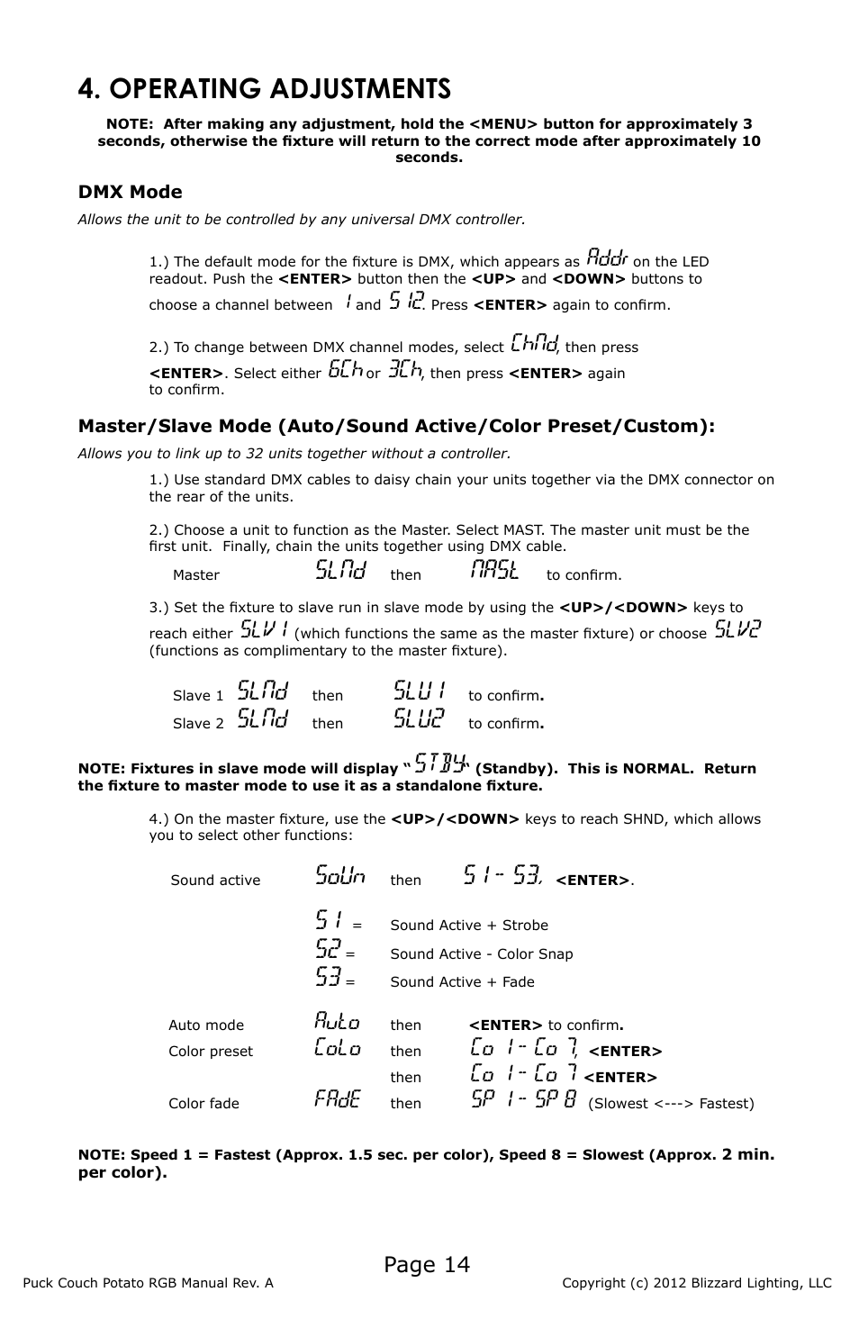 Operating adjustments, Slnd, Nast | Slu1, Slu2, Stby, Soun, S1 - s3, Page 14, Addr | Blizzard Lighting RGB (CP) The Puck (Rev A) User Manual | Page 14 / 20