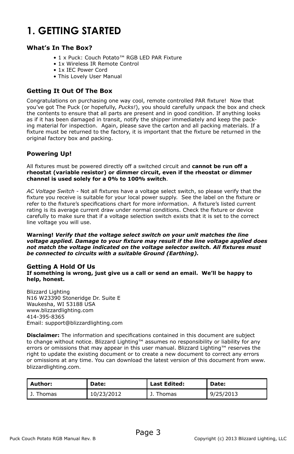 Getting started, Page 3 | Blizzard Lighting RGB (CP) The Puck (Rev B) User Manual | Page 3 / 20