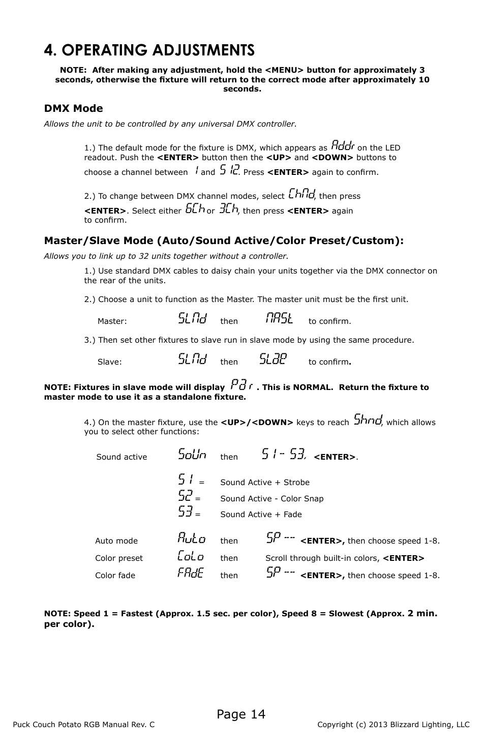 Operating adjustments, Slnd, Nast | Shnd, Soun, S1 - s3, Auto, Page 14, Addr, Chnd | Blizzard Lighting RGB (CP) The Puck (Rev C) User Manual | Page 14 / 20