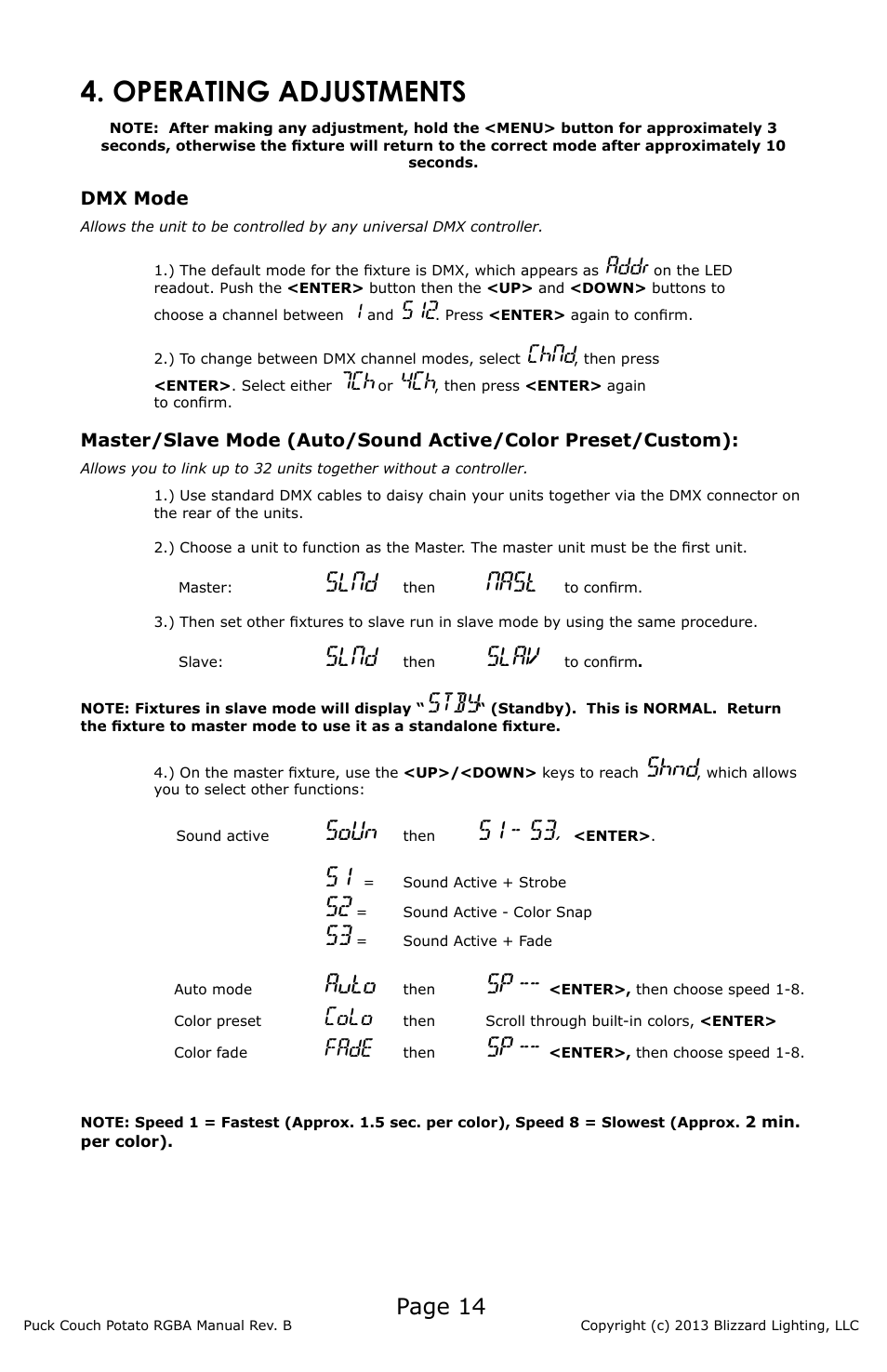 Operating adjustments, Slnd, Nast | Slav, Stby, Shnd, Soun, S1 - s3, Auto, Page 14 | Blizzard Lighting RGBA (CP) The Puck (Rev B) User Manual | Page 14 / 20