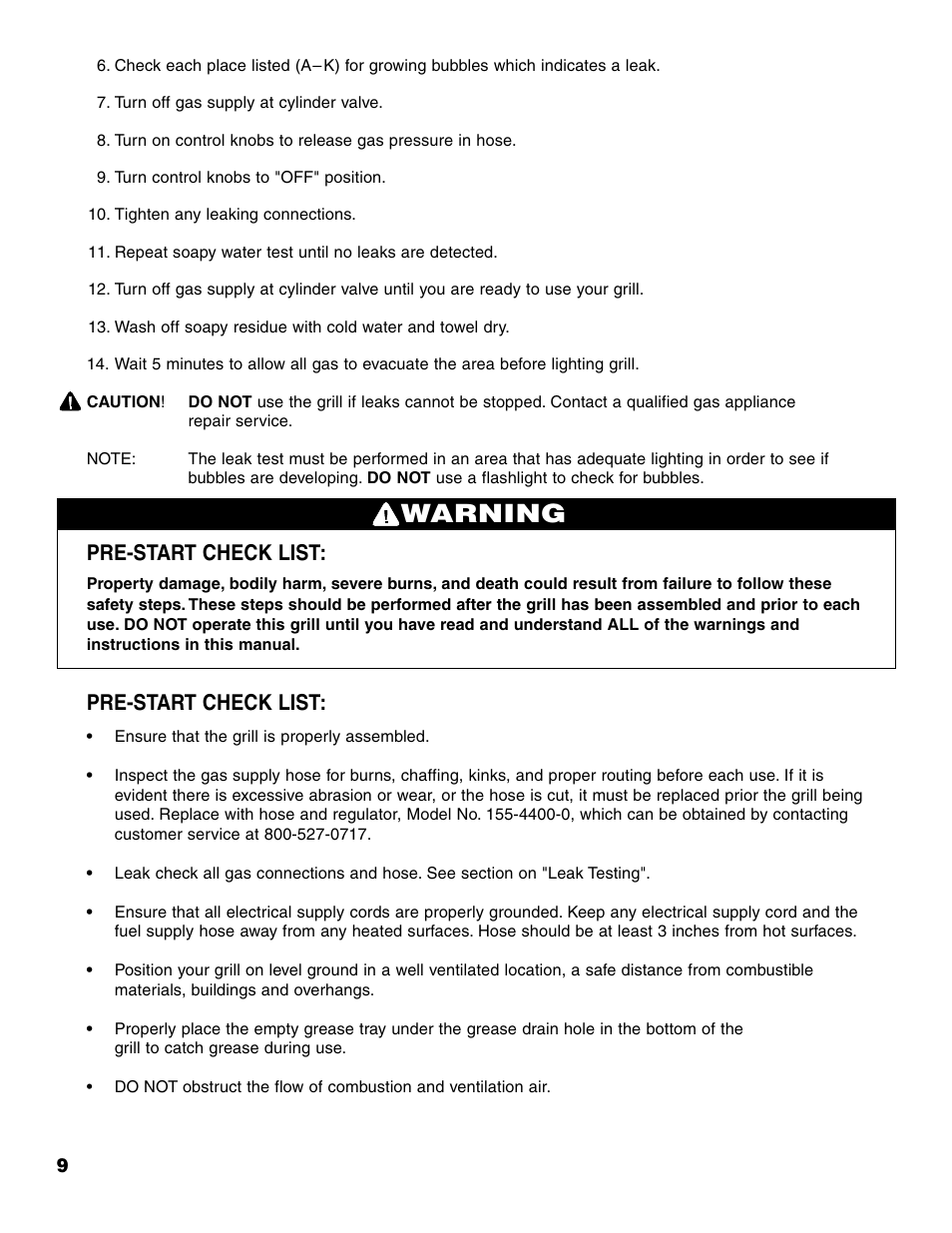 Warning, Pre-start check list | Brinkmann Pro Series 6418 User Manual | Page 10 / 36