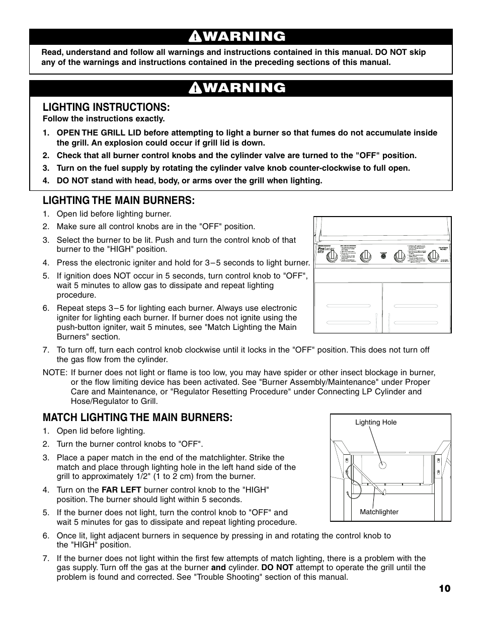Warning, Lighting instructions, Lighting the main burners | Match lighting the main burners | Brinkmann Pro Series 6418 User Manual | Page 11 / 36