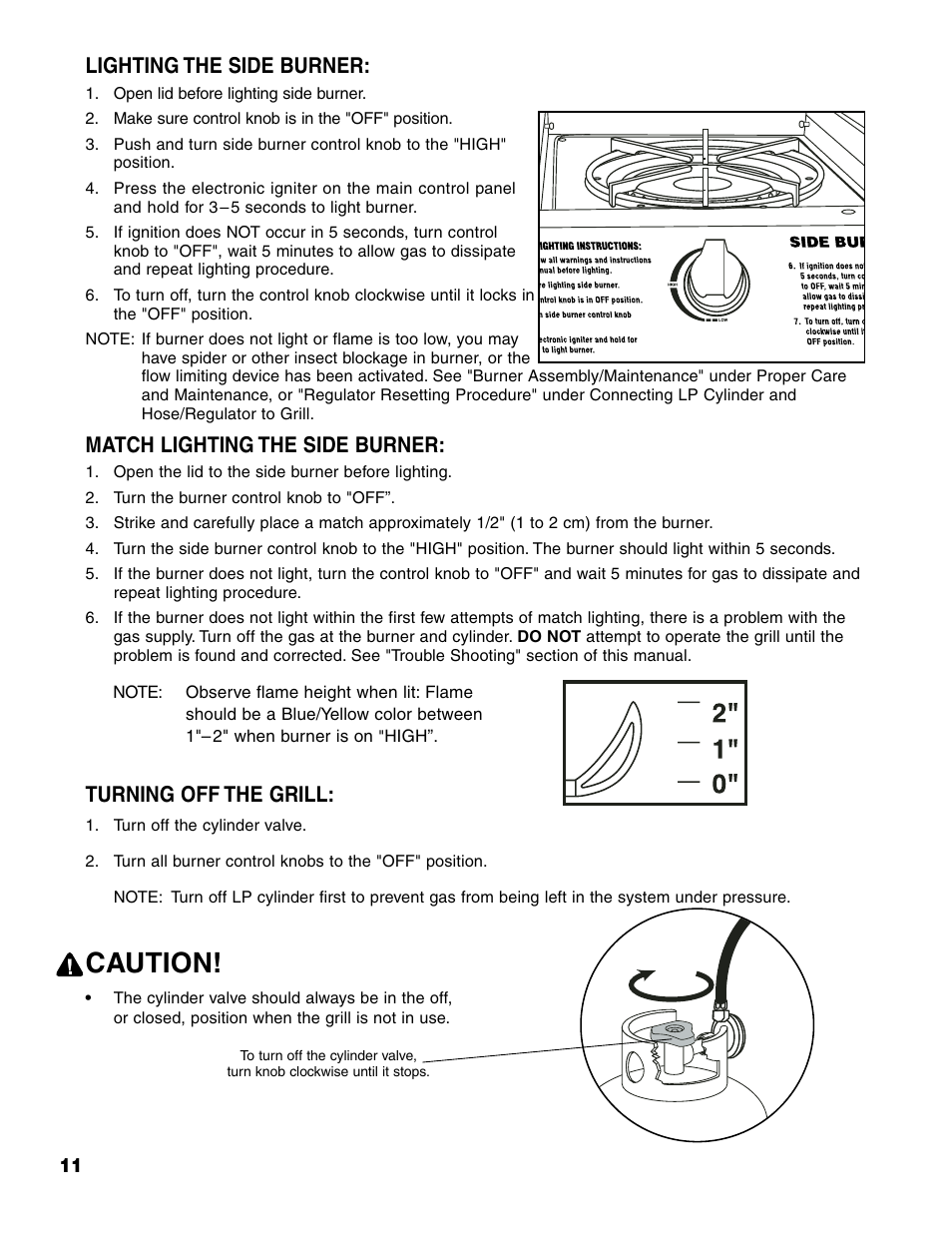 Caution, Lighting the side burner, Match lighting the side burner | Turning off the grill | Brinkmann Pro Series 6418 User Manual | Page 12 / 36