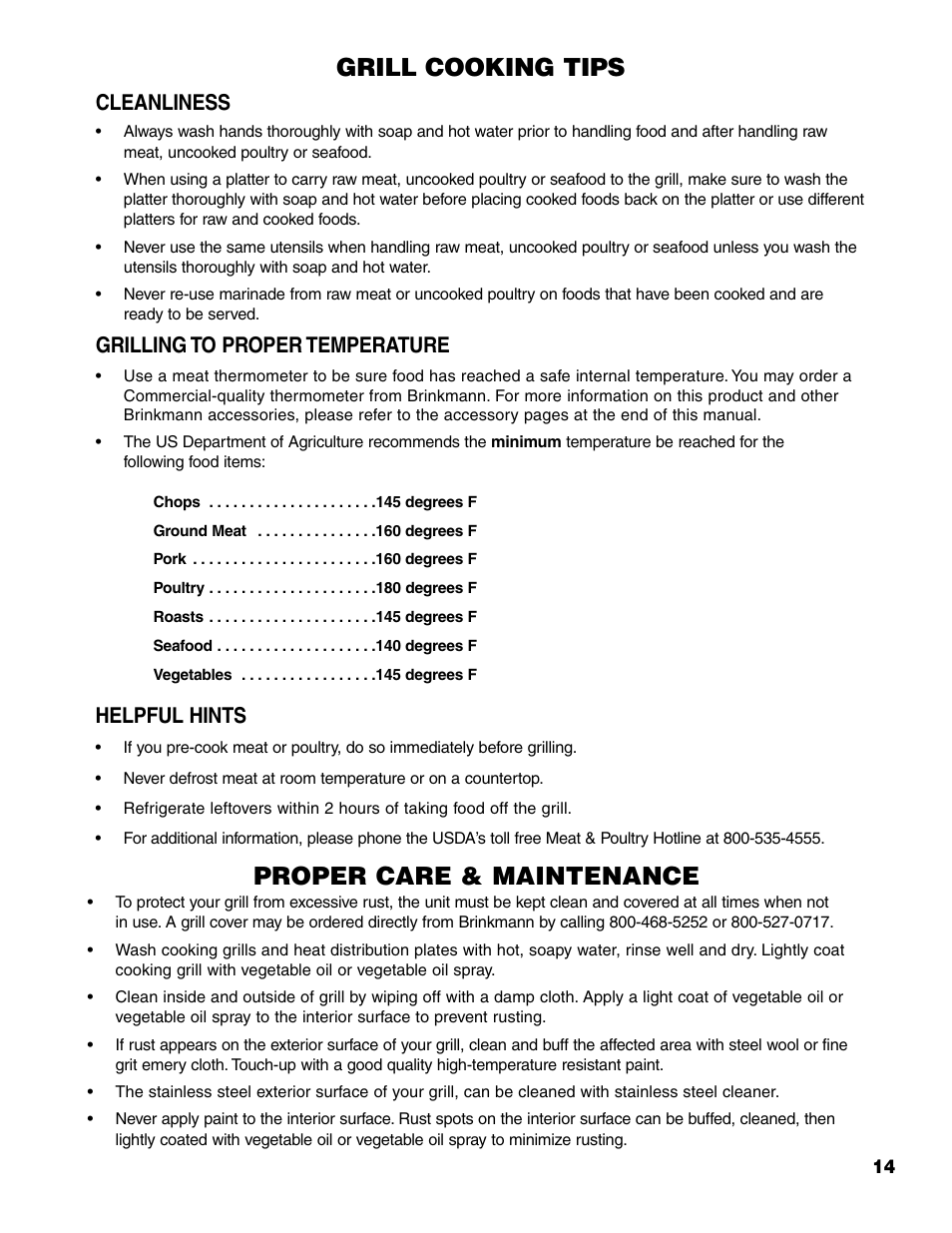 Grill cooking tips, Proper care & maintenance, Cleanliness | Grilling to proper temperature, Helpful hints | Brinkmann Pro Series 6418 User Manual | Page 15 / 36