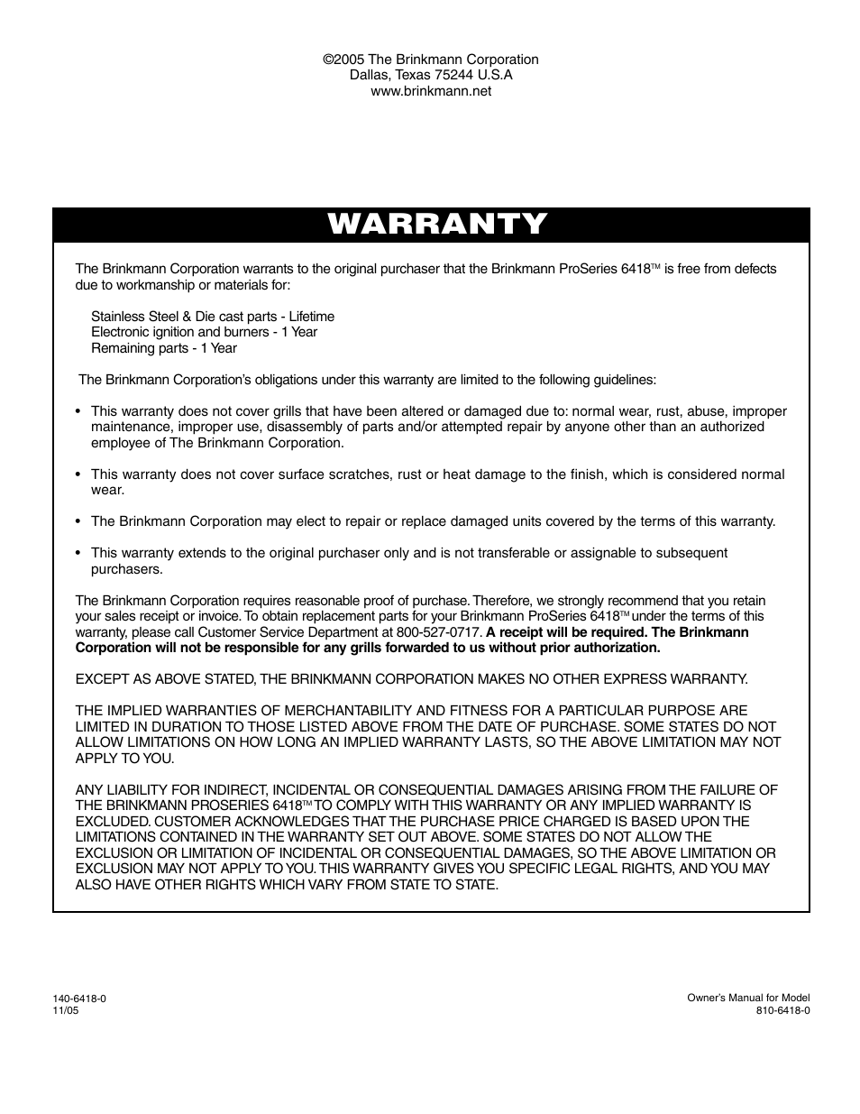 Warranty | Brinkmann Pro Series 6418 User Manual | Page 36 / 36