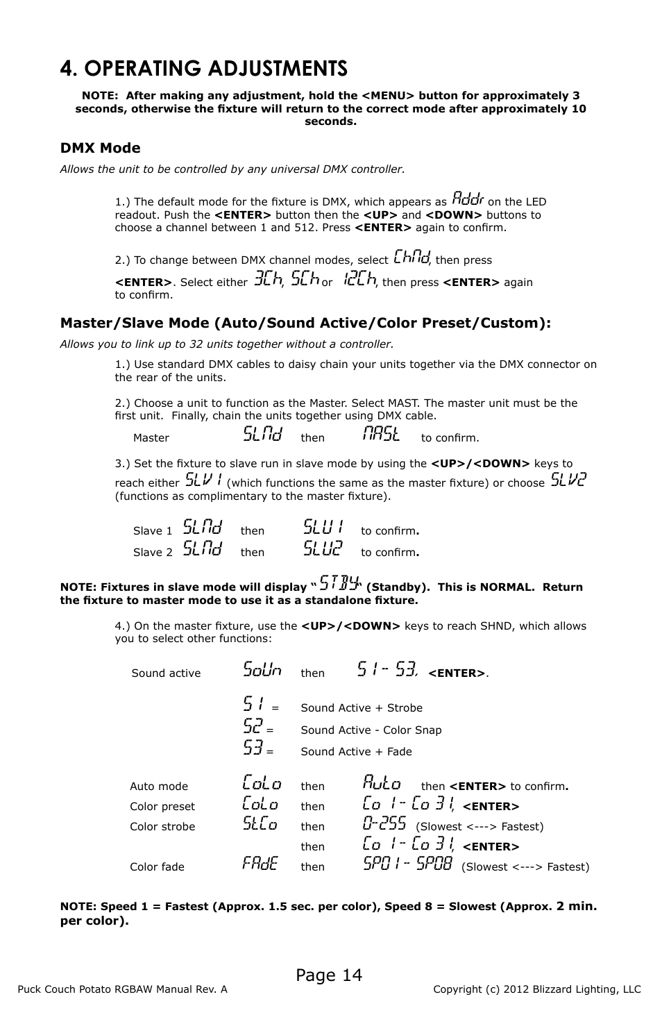 Operating adjustments, Slnd, Nast | Slu1, Slu2, Stby, Soun, S1 - s3, Colo, Auto | Blizzard Lighting RGBAW (CP) The Puck (Rev A) User Manual | Page 14 / 20