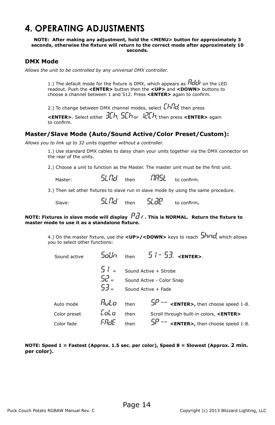 Operating adjustments, Slnd, Nast | Shnd, Soun, S1 - s3, Auto, Page 14, Addr, Chnd | Blizzard Lighting RGBAW (CP) The Puck (Rev C) User Manual | Page 14 / 20