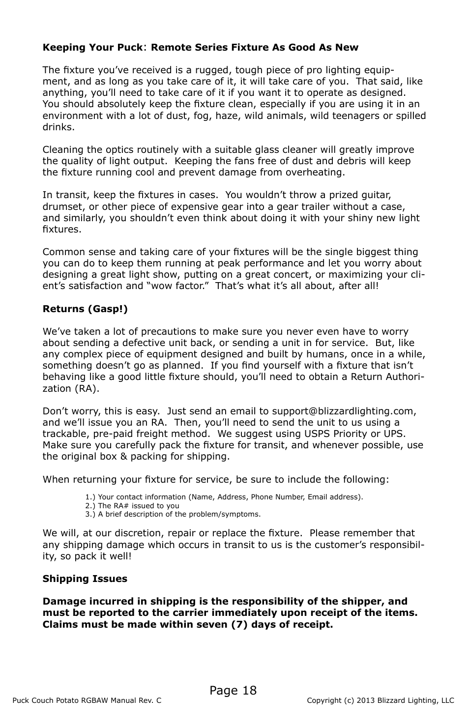 Page 18 | Blizzard Lighting RGBAW (CP) The Puck (Rev C) User Manual | Page 18 / 20