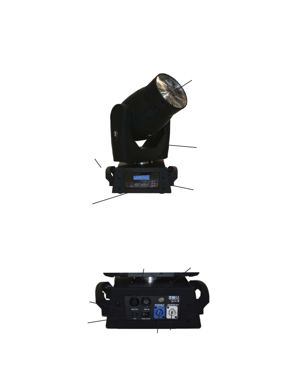 Lens control panel lcd readout, Fuse cover dmx in dmx out head/arms carry handle | Blizzard Lighting Beam Torrent 90 (Rev A) User Manual | Page 6 / 20