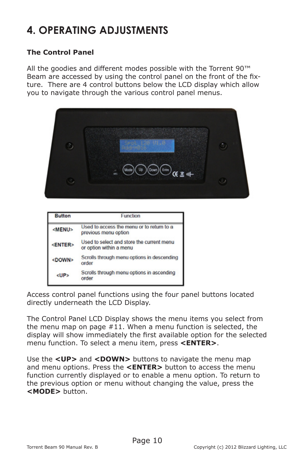 Operating adjustments, Page 10 | Blizzard Lighting Beam Torrent 90 (Rev B) User Manual | Page 10 / 20