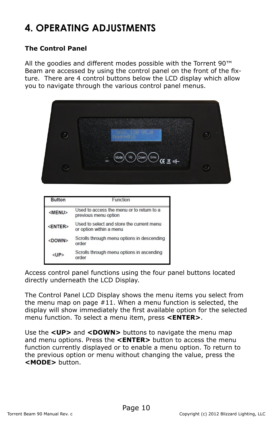 Operating adjustments, Page 10 | Blizzard Lighting Beam Torrent 90 (Rev C) User Manual | Page 10 / 20