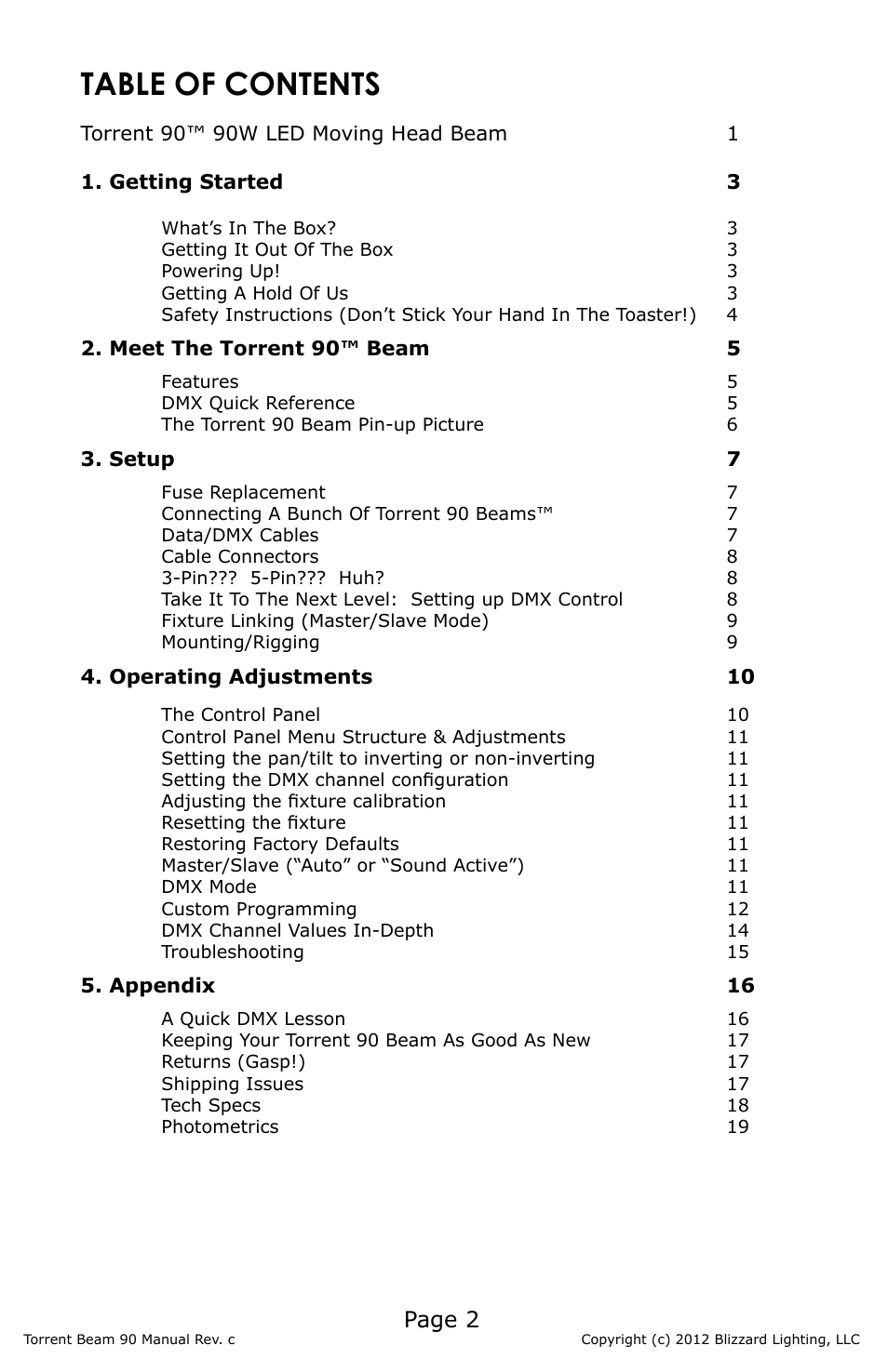 Blizzard Lighting Beam Torrent 90 (Rev C) User Manual | Page 2 / 20