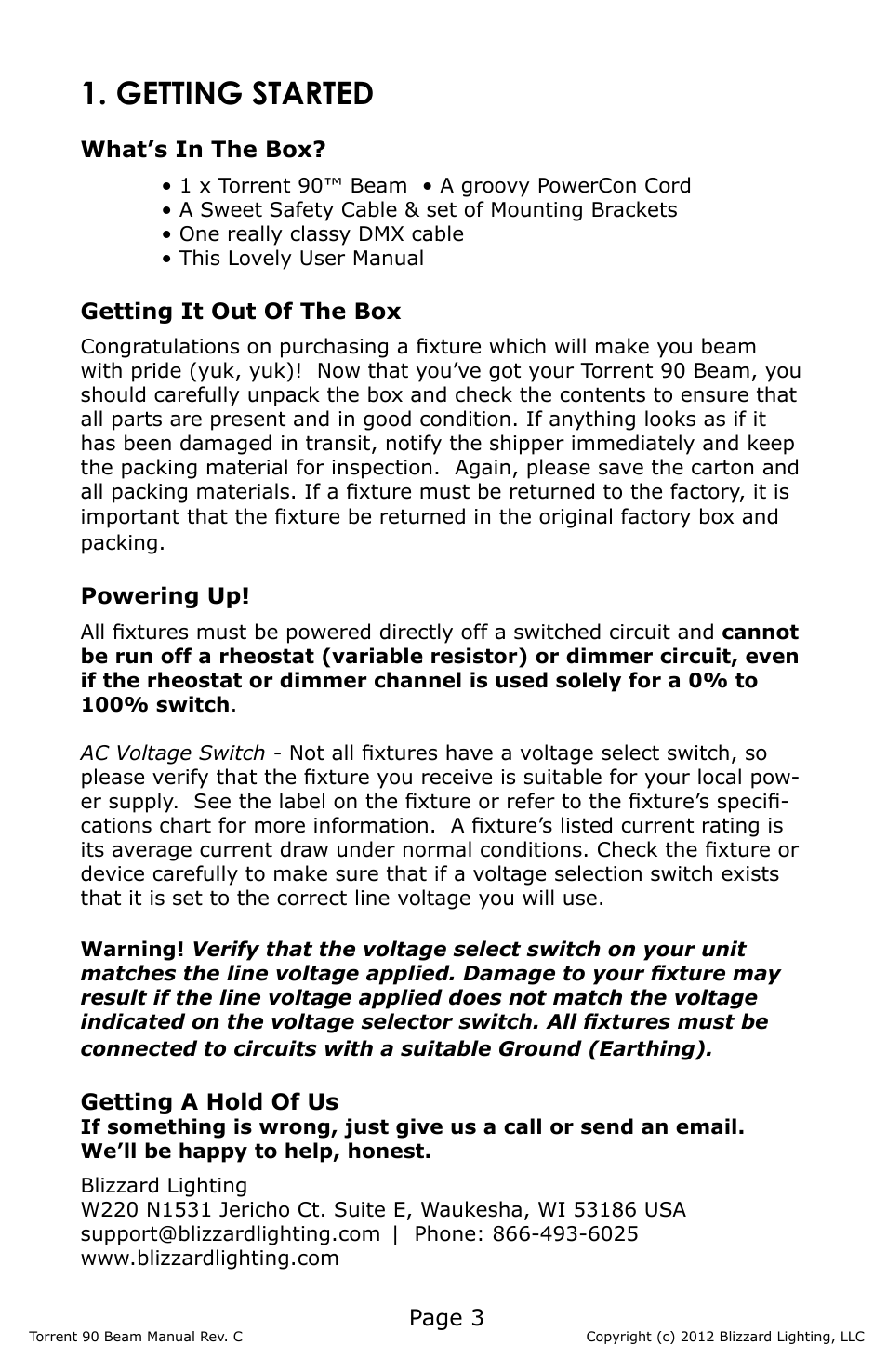 Getting started, Page 3, What’s in the box | Getting it out of the box, Powering up, Getting a hold of us | Blizzard Lighting Beam Torrent 90 (Rev C) User Manual | Page 3 / 20