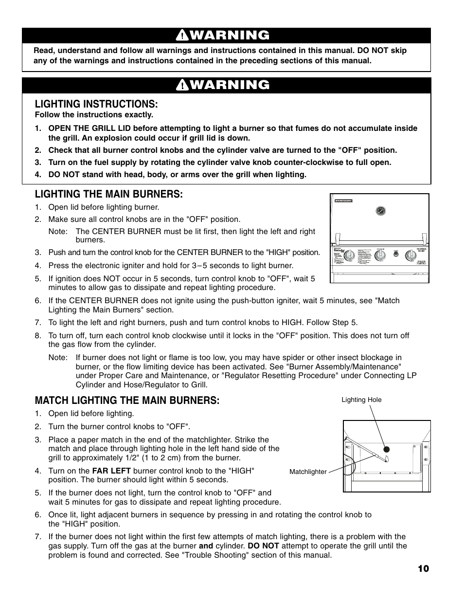 Warning, Lighting instructions, Lighting the main burners | Match lighting the main burners | Brinkmann 6345 Series User Manual | Page 11 / 68