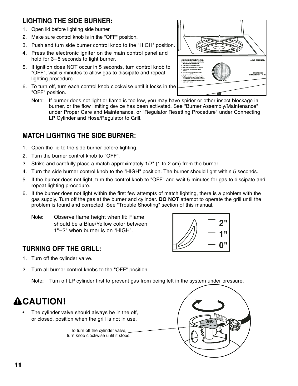 Caution, Lighting the side burner, Match lighting the side burner | Turning off the grill | Brinkmann 6345 Series User Manual | Page 12 / 68