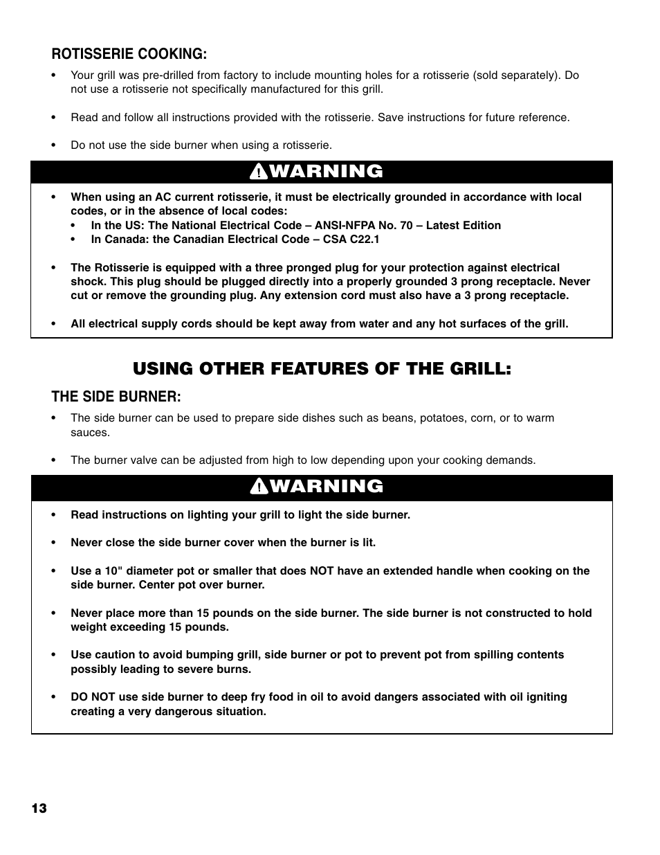 Warning, Using other features of the grill, Rotisserie cooking | The side burner | Brinkmann 6345 Series User Manual | Page 14 / 68