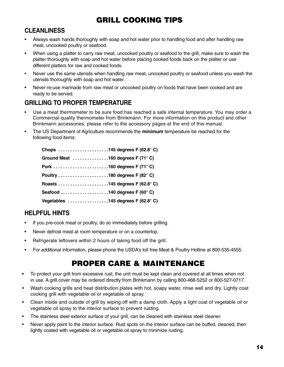 Grill cooking tips, Proper care & maintenance, Cleanliness | Grilling to proper temperature, Helpful hints | Brinkmann 6345 Series User Manual | Page 15 / 68