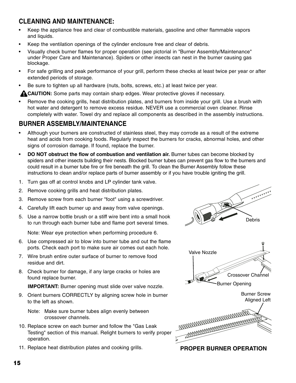 Burner assembly/maintenance, Cleaning and maintenance | Brinkmann 6345 Series User Manual | Page 16 / 68