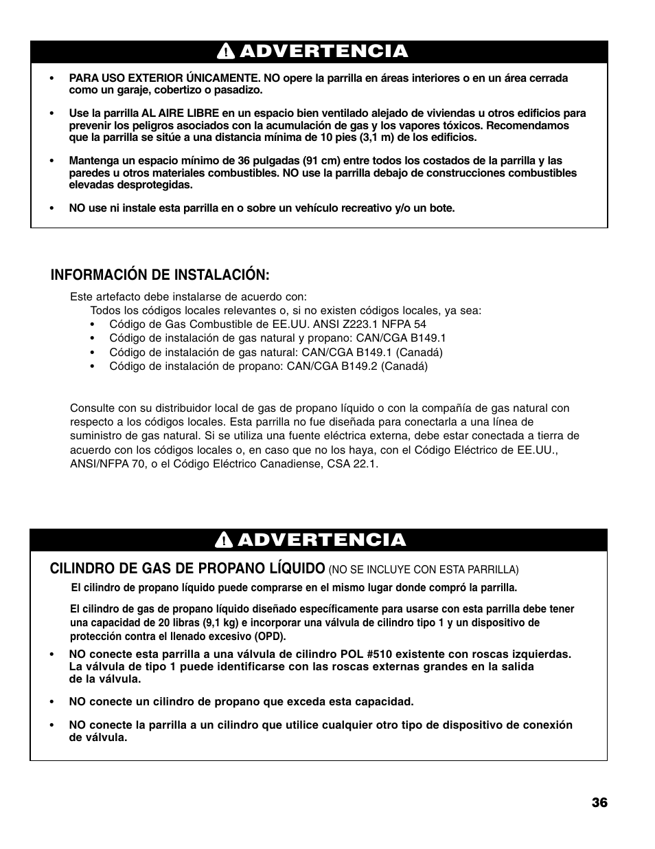 Advertencia, Cilindro de gas de propano líquido, Información de instalación | Brinkmann 6345 Series User Manual | Page 37 / 68