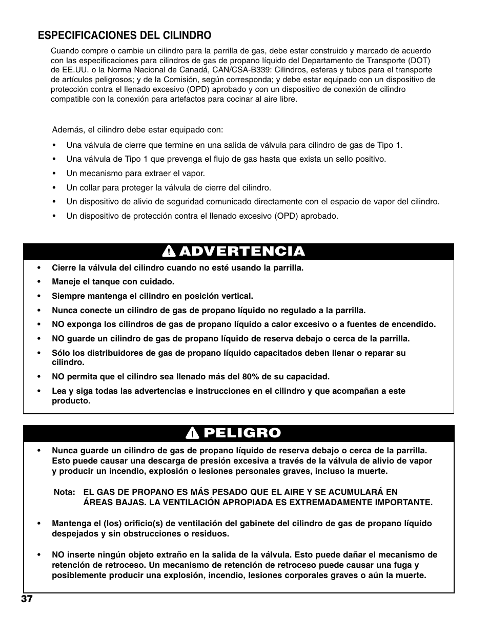 Advertencia peligro, Especificaciones del cilindro | Brinkmann 6345 Series User Manual | Page 38 / 68