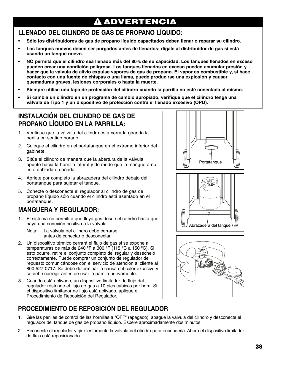 Advertencia, Llenado del cilindro de gas de propano líquido, Manguera y regulador | Procedimiento de reposición del regulador | Brinkmann 6345 Series User Manual | Page 39 / 68